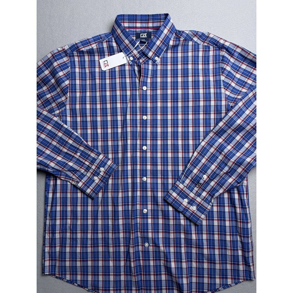 Cutter & Buck Shirt Mens Large Blue Red Plaid Button Up Long Sleeve NWT